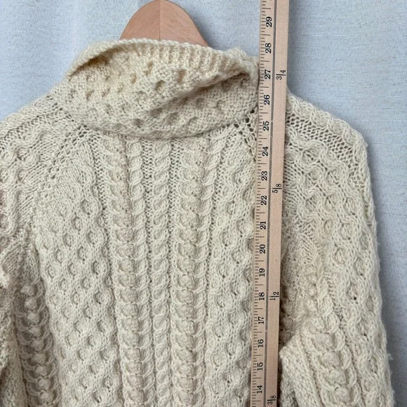 VTG Cream Cable Knit Acrylic Handmade Belted‎ Cardigan Collar Western Revival